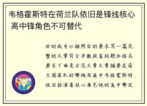 韦格霍斯特在荷兰队依旧是锋线核心 高中锋角色不可替代