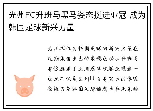 光州FC升班马黑马姿态挺进亚冠 成为韩国足球新兴力量