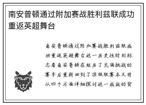 南安普顿通过附加赛战胜利兹联成功重返英超舞台