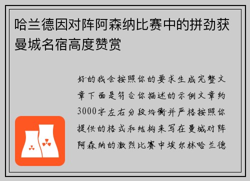 哈兰德因对阵阿森纳比赛中的拼劲获曼城名宿高度赞赏