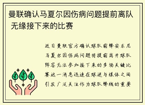 曼联确认马夏尔因伤病问题提前离队 无缘接下来的比赛