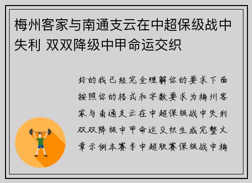 梅州客家与南通支云在中超保级战中失利 双双降级中甲命运交织