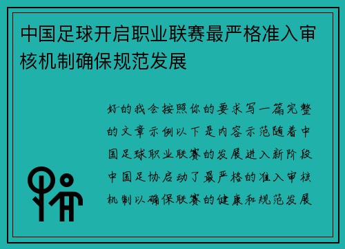 中国足球开启职业联赛最严格准入审核机制确保规范发展 中国足球开启职业联赛最严格准入审核机制确保规范发展