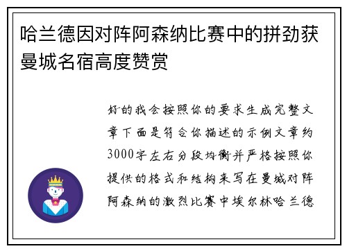 哈兰德因对阵阿森纳比赛中的拼劲获曼城名宿高度赞赏